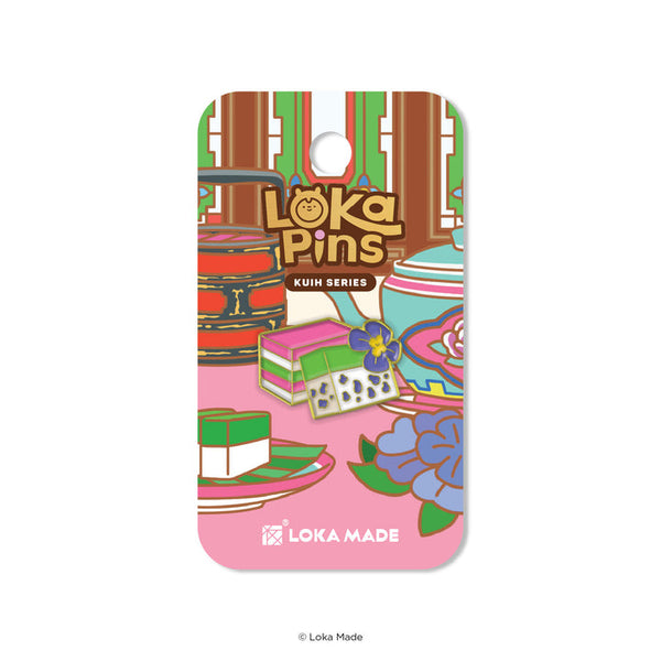 Loka Pins Kuih Series packaging with colorful illustrations on a white background