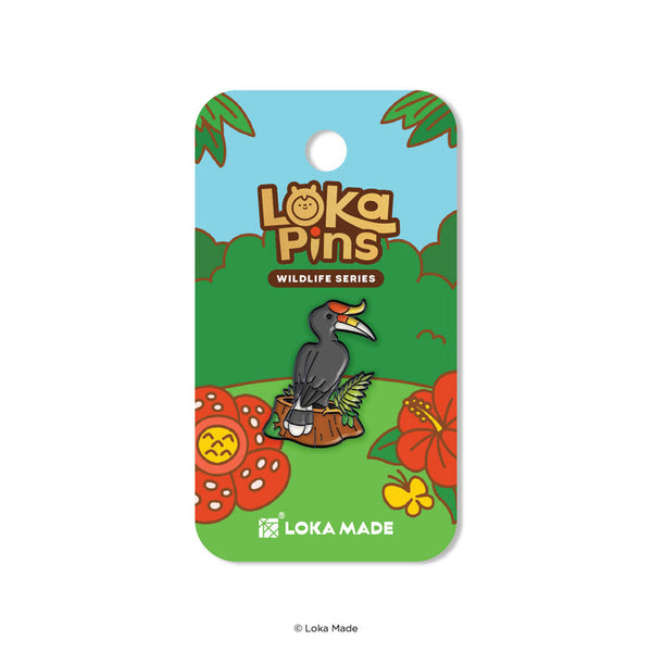 Loka Pins wildlife series pin on a colorful card with Loka Made branding
