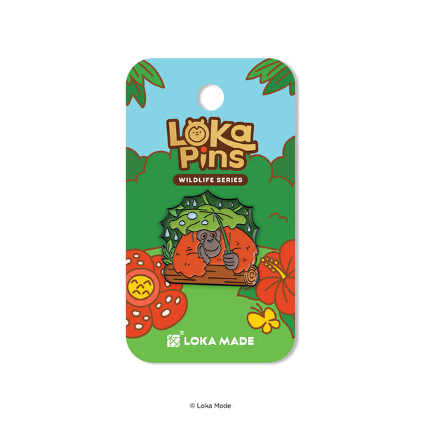 Loka Pins Wildlife Series pin packaging with a monkey illustration on a colorful card.