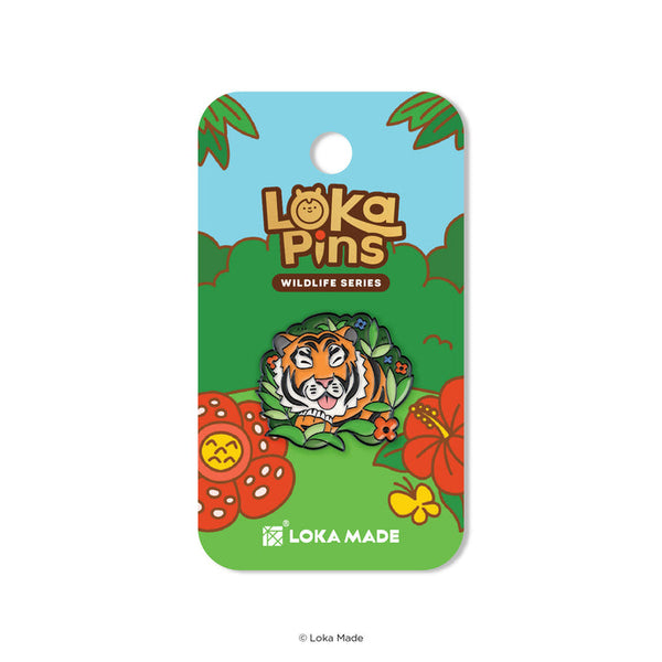Loka Pins Wildlife Series packaging with a tiger design on a green and blue background