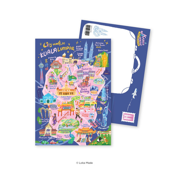 Colorful map of Kuala Lumpur with a matching postcard on a white background