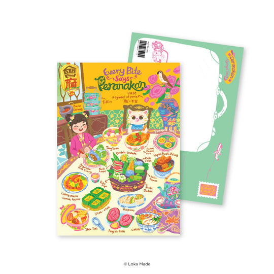 Colorful packaging with illustrations of food and a character, featuring the text 'Every Bite Says Penang'.