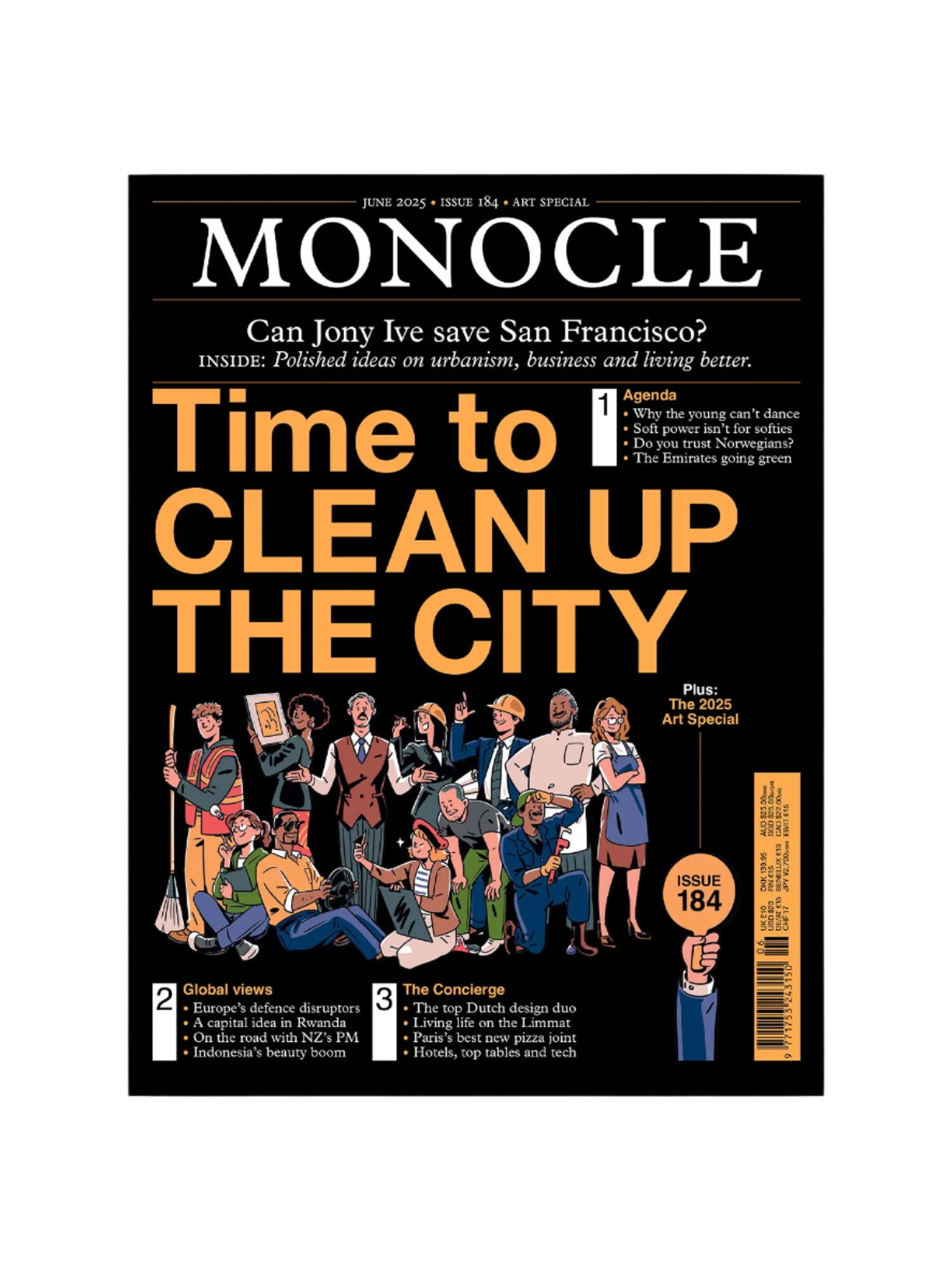 Monocle magazine cover with illustration of people cleaning up a city, featuring text about urbanism and business.