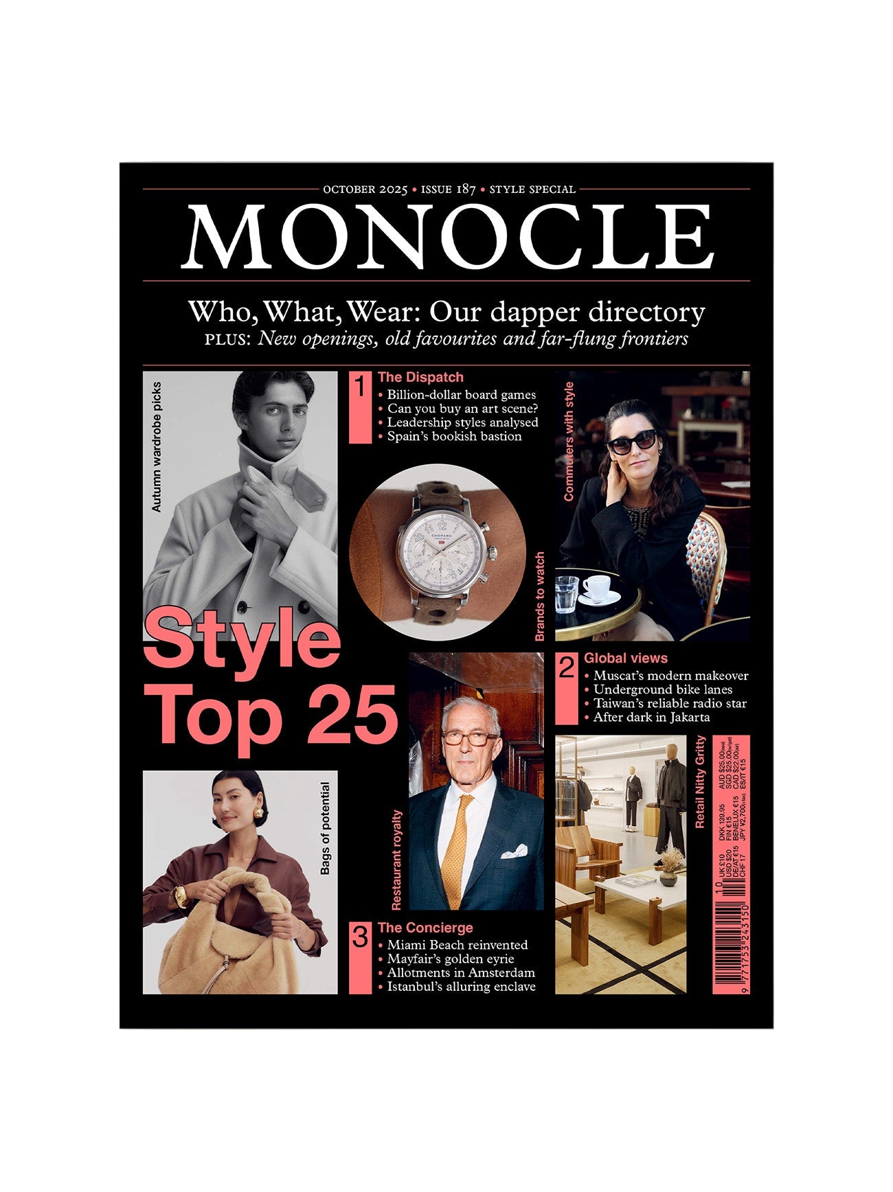 Monocle magazine cover featuring stylish individuals and fashion-related content.