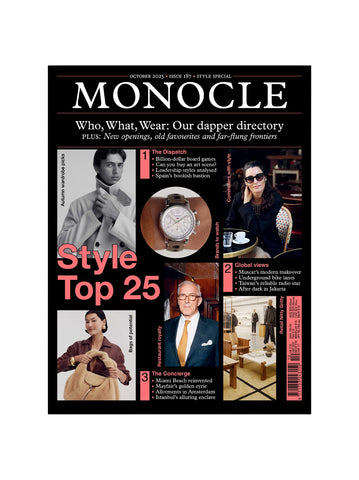 Monocle magazine cover featuring stylish individuals and fashion-related content.