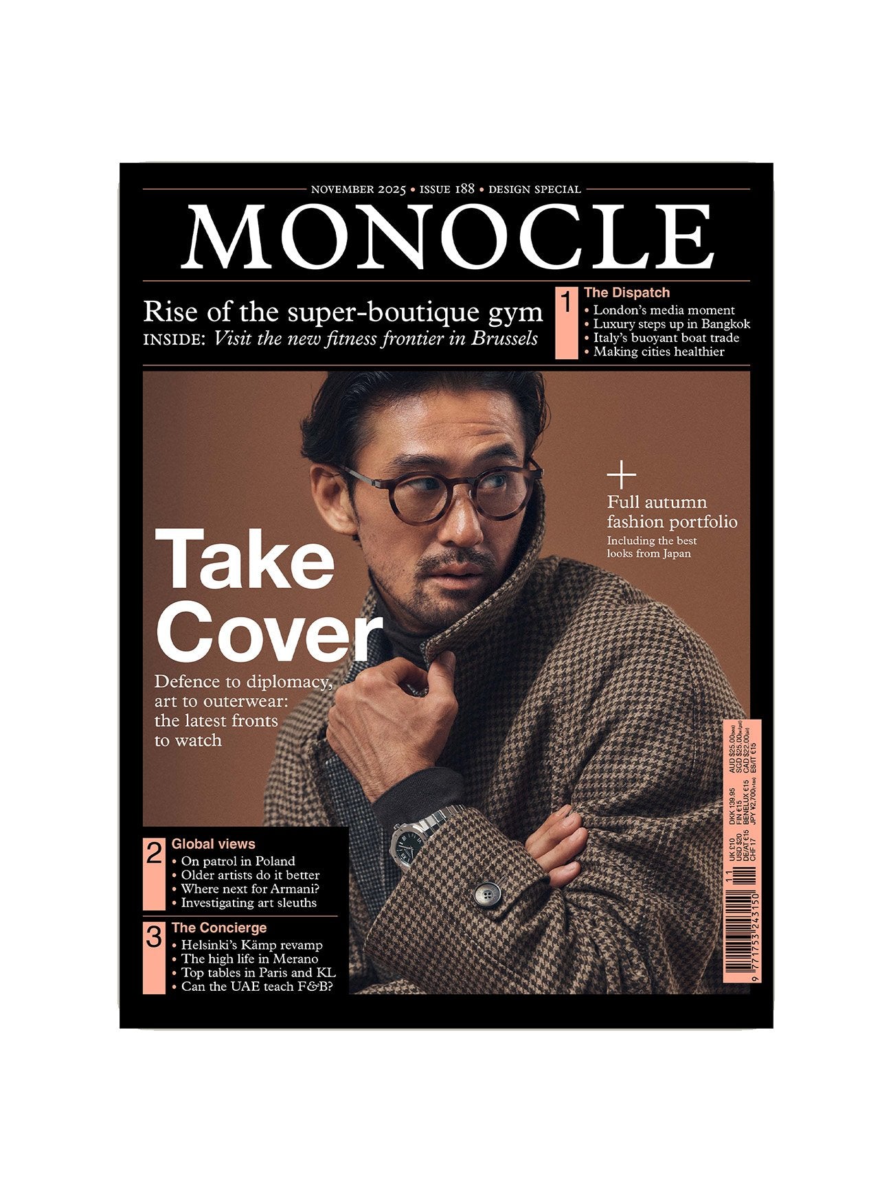 Magazine cover featuring a man in glasses and a checkered jacket with 'Monocle' branding.