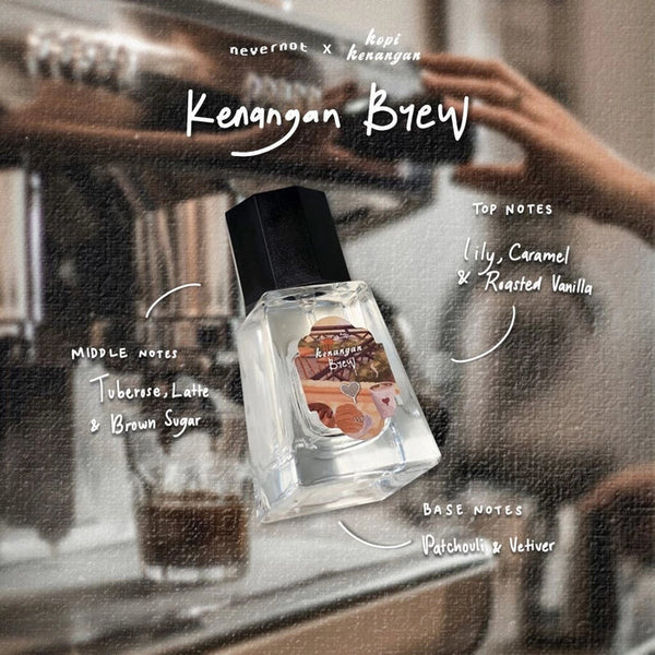 Perfume bottle labeled 'Kenangan Brew' with coffee-themed description on a blurred coffee shop background.