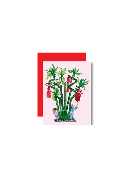 Greeting card with bamboo illustration and red envelope on white background