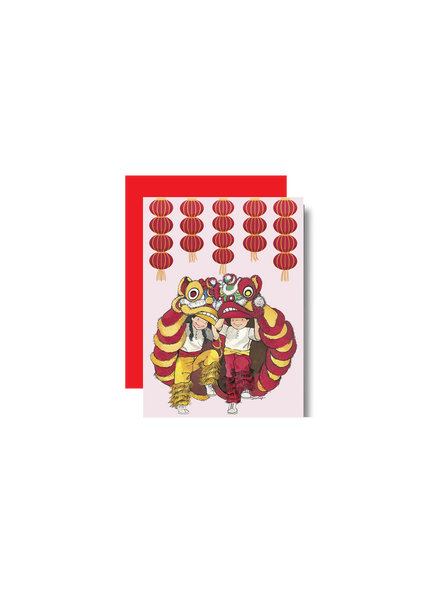 Greeting card with two children in traditional Chinese lion dance costumes on a white background