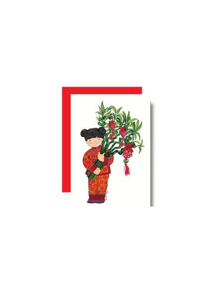 Illustration of a person holding a plant with red flowers inside a red-bordered frame on a white background.