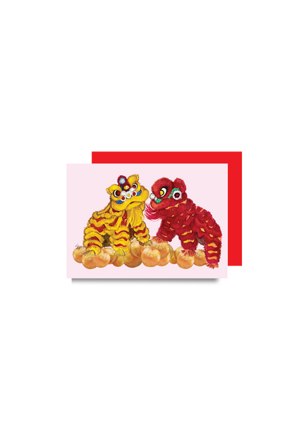 Card with two cartoon tigers and pumpkins on a white background