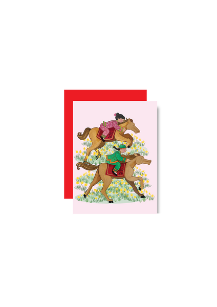 Greeting card with horse and rider illustration on a white background