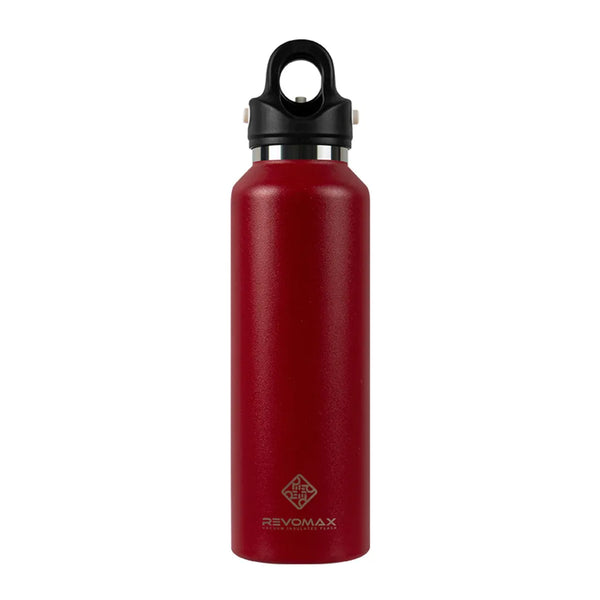 Red water bottle with black cap on a white background