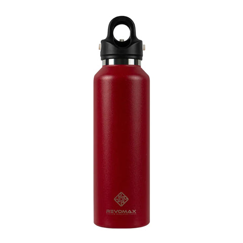 Red water bottle with black cap on a white background