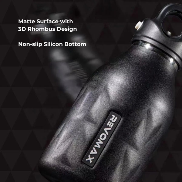 Black water bottle with 3D rhombus design and non-slip silicon bottom on a dark background