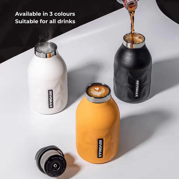 Three reusable bottles in white, black, and orange with 'Revomax' branding on a white background.