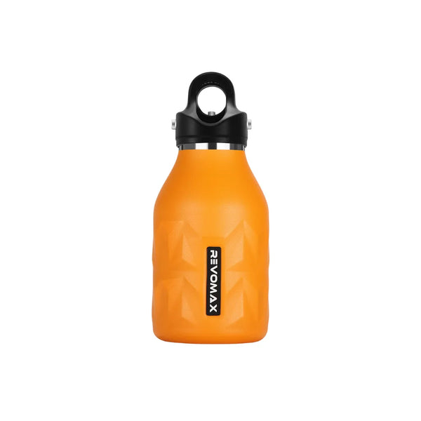 Orange water bottle with black cap on a white background