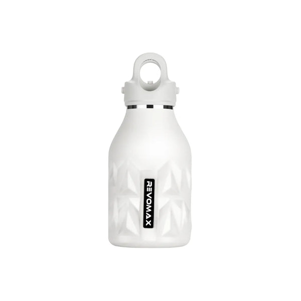 White water bottle with a black label on a white background