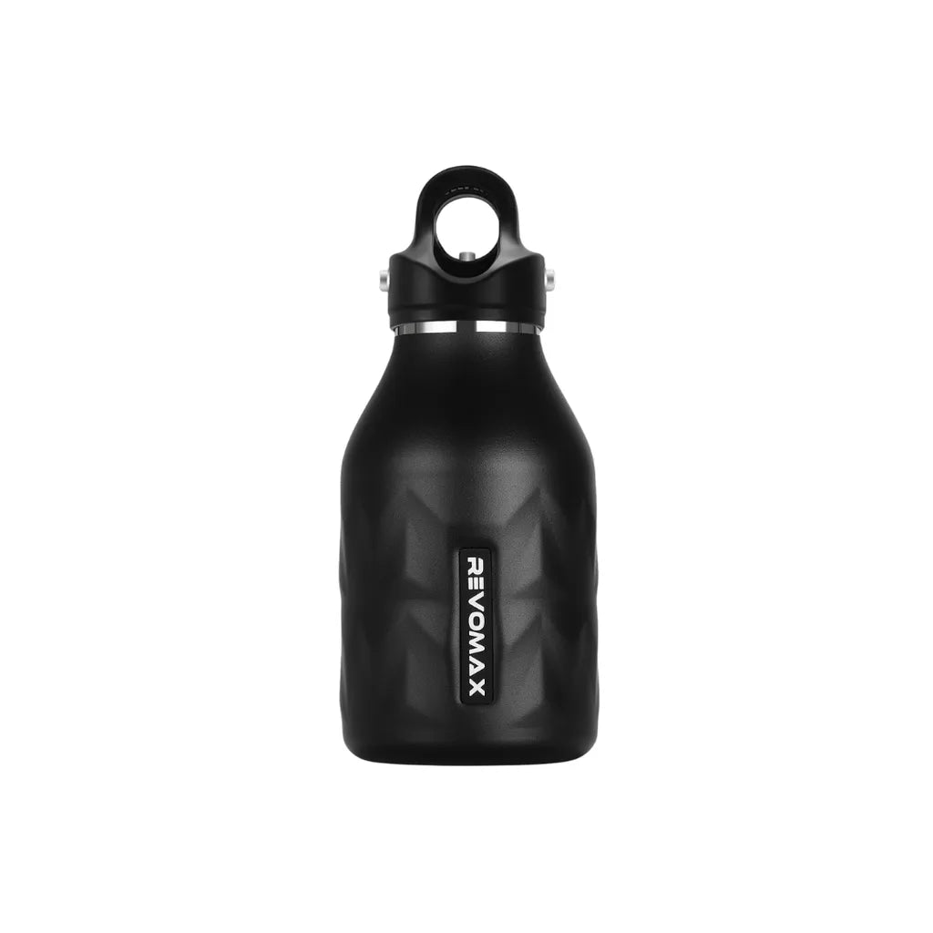Black water bottle with a textured design and 'REVOMAX' branding on a white background