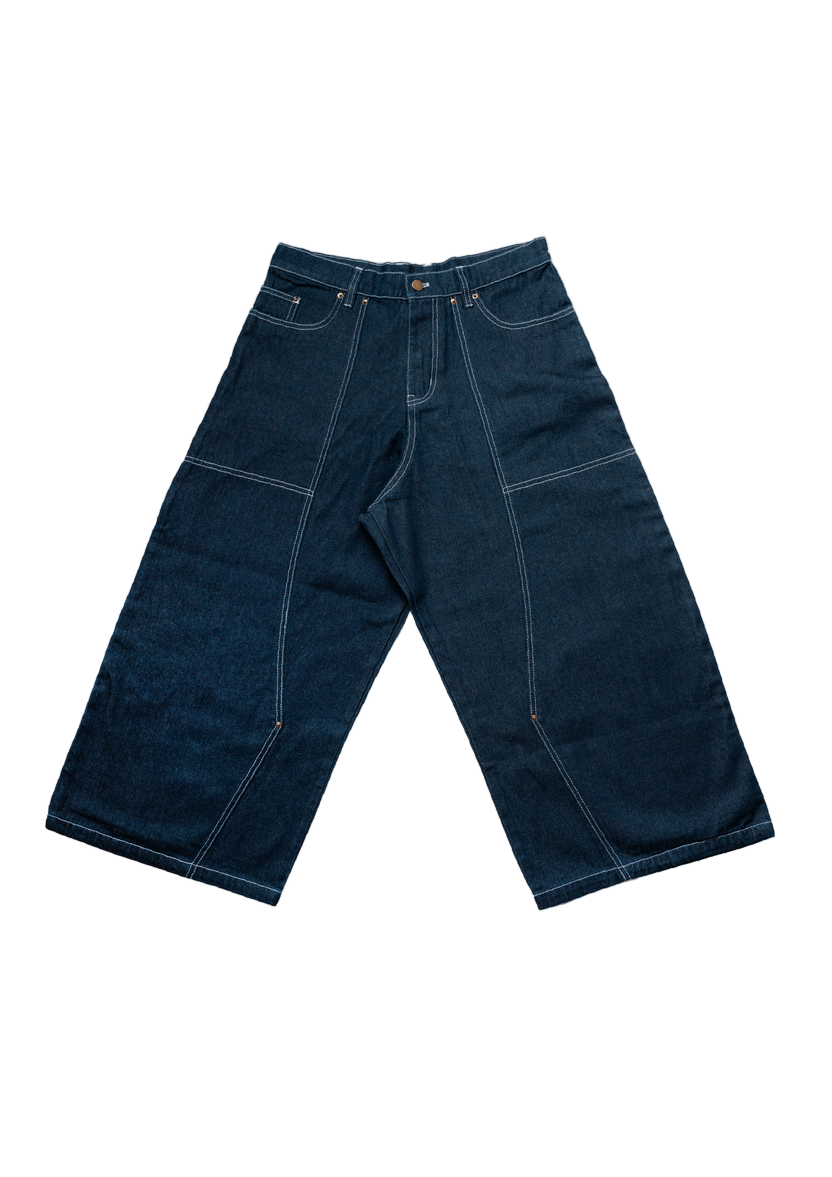 Dark blue denim wide-leg pants on a white background