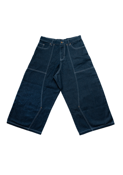 Dark blue denim wide-leg pants on a white background