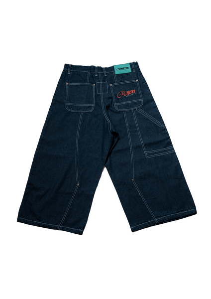 Dark blue denim shorts with a brand logo on a light gray background