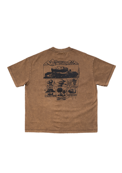 Brown t-shirt with graphic design on a white background