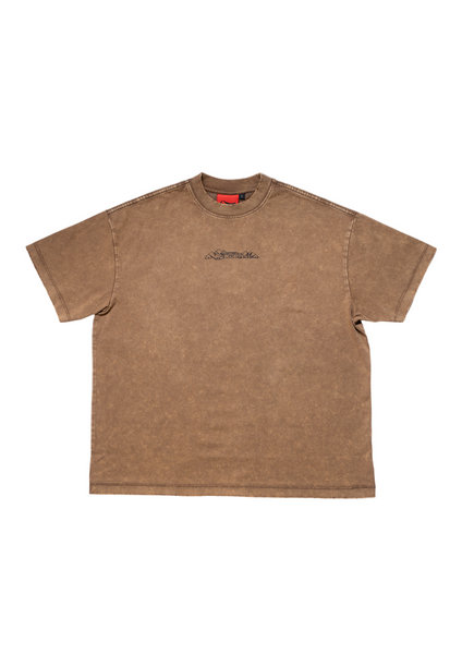Brown t-shirt with a logo on a white background
