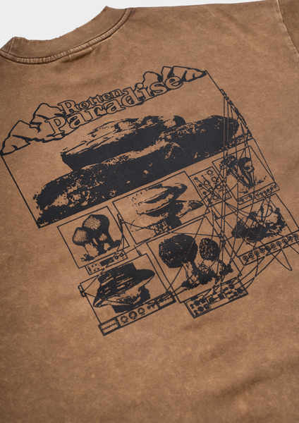 Brown t-shirt with black graphic design on a plain background