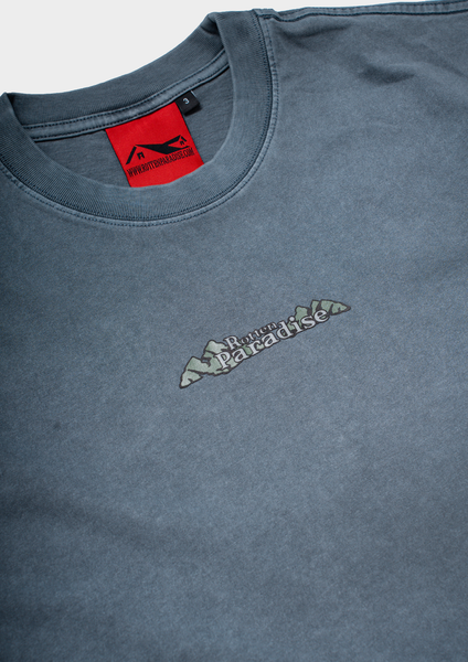 Blue t-shirt with a logo and a red tag on a light gray background