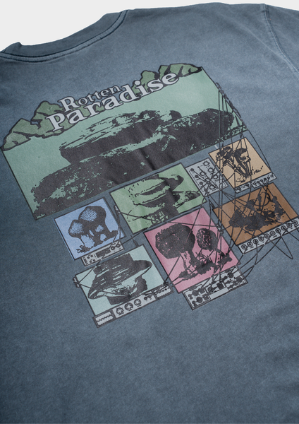 Blue t-shirt with graphic design featuring text and illustrations on a plain background