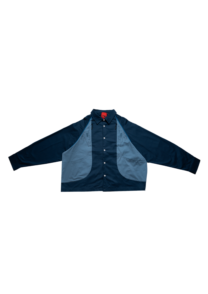 Navy jacket with a red label on a white background