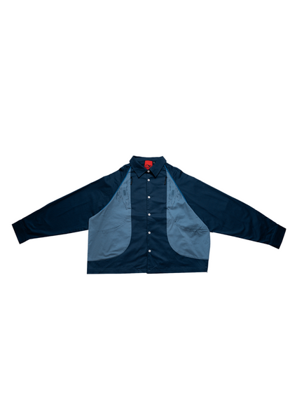 Navy jacket with a red label on a white background