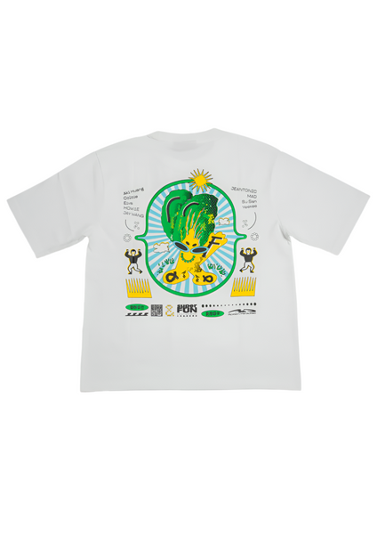 White t-shirt with colorful graphic design on a white background