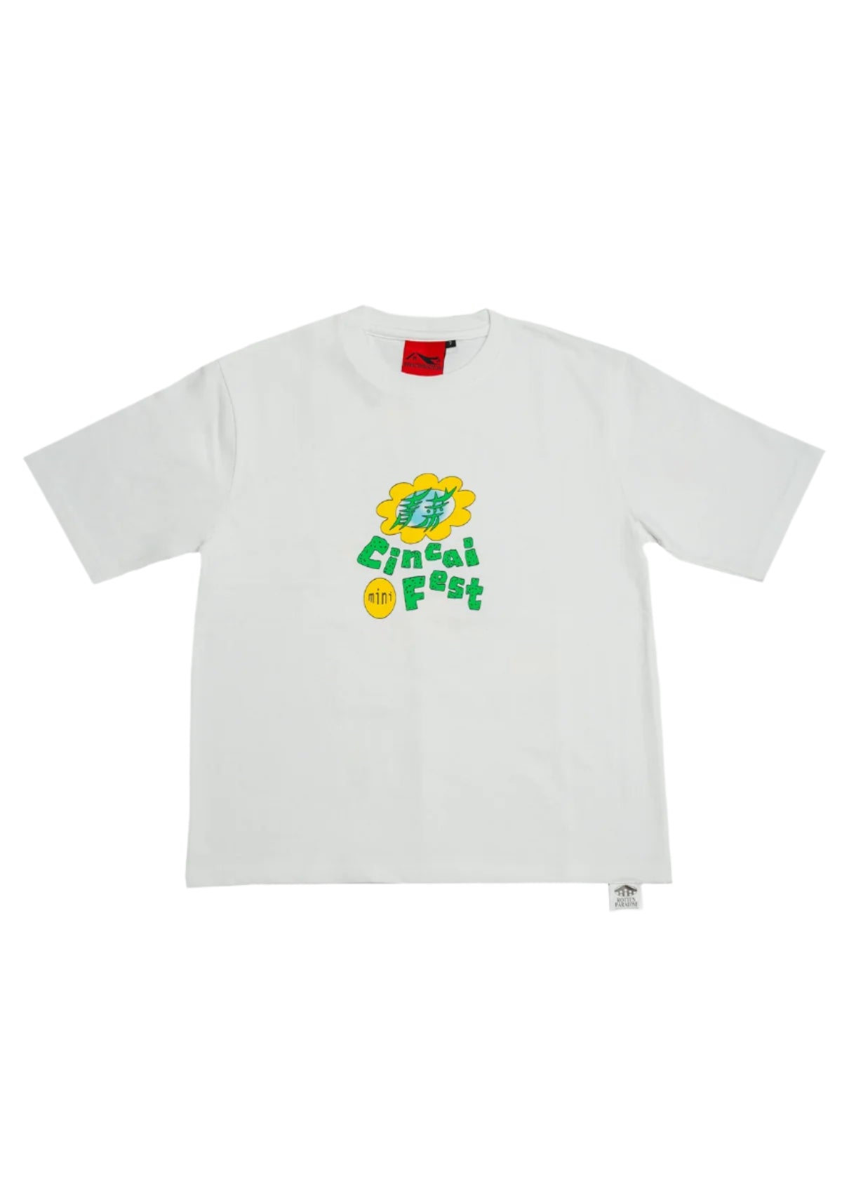 White t-shirt with a colorful graphic on a white background