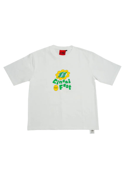 White t-shirt with a colorful graphic on a white background