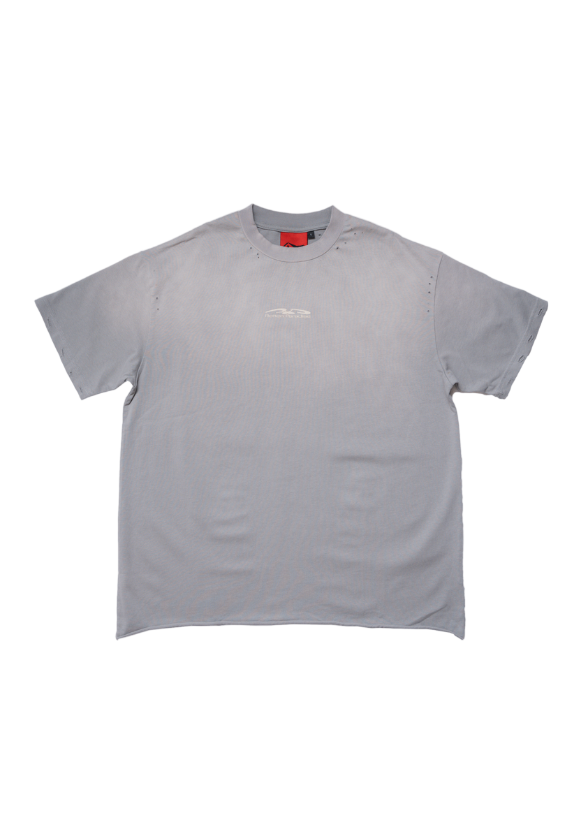 Gray t-shirt with a small logo on a white background
