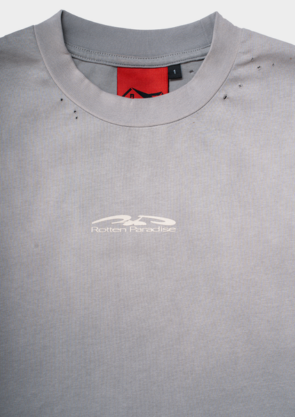 Gray t-shirt with a logo on the chest against a white background
