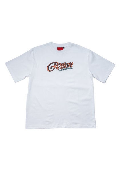 White t-shirt with a logo on a light gray background