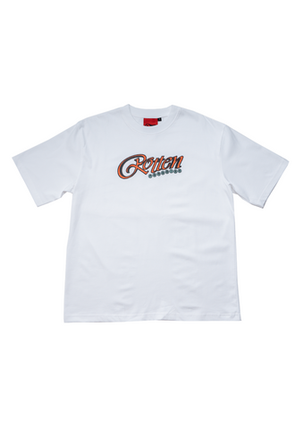 White t-shirt with a logo on a light gray background