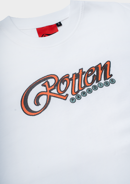 White t-shirt with 'Rotten Paradise' text design on a white background