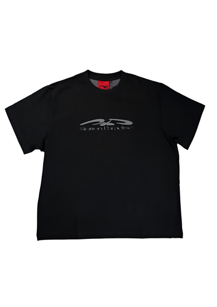 Black t-shirt with a logo on a white background