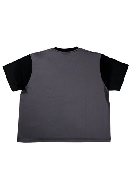 Gray t-shirt with black sleeves on a white background