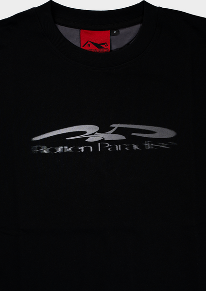 Black sweatshirt with a logo and text on a white background