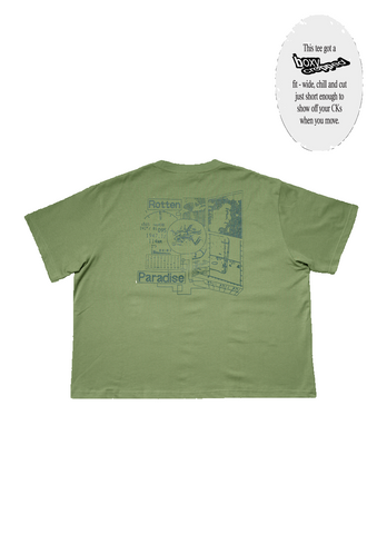 Green t-shirt with graphic design on a white background