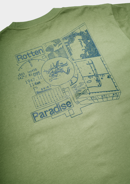 Green t-shirt with blue graphic design on a white background