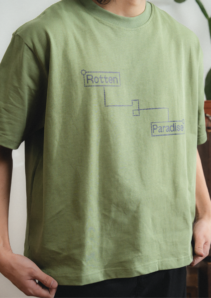 Person wearing a green t-shirt with text design