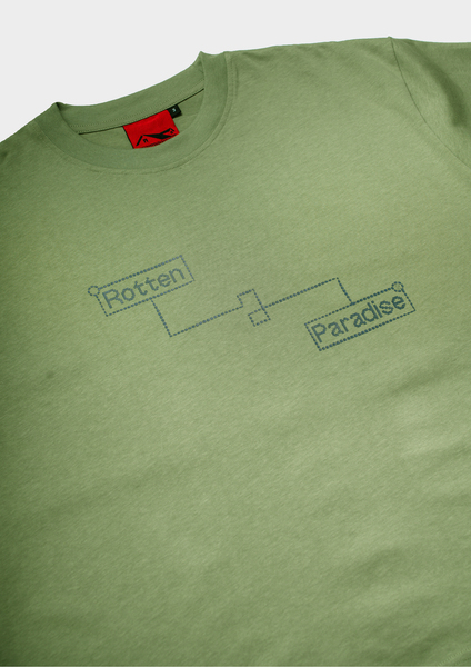 Green t-shirt with text design on a white background