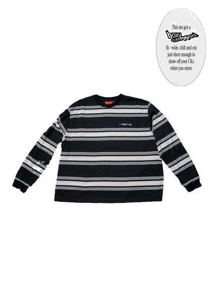 Black and white striped long-sleeve shirt on a light gray background