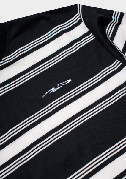 Black and white striped shirt with a logo on a light gray background
